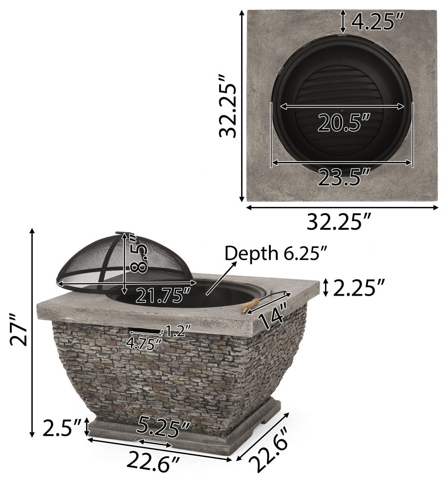 GDF Studio Laraine Outdoor 32" Wood Burning Concrete Square Fire Pit, Gray