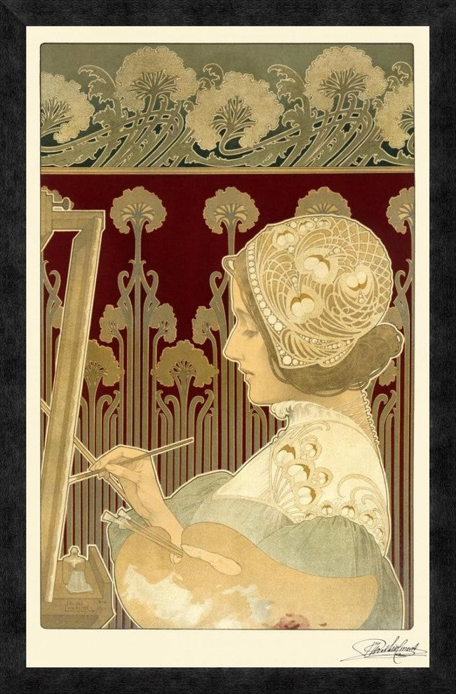 "Woman Painting" Framed Canvas Giclee by Privat Livemont, 21x32"
