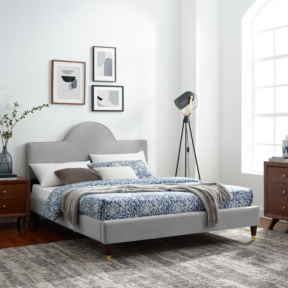 Platform Bed Frame, King Size, Gray, Velvet, Modern, Bedroom Guest Suite