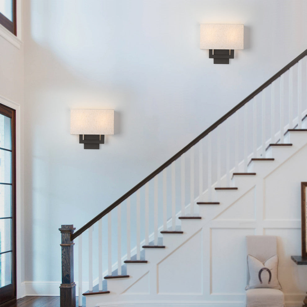 Wall Sconce Light, Dark Bronze With Oatmeal Shade, 13.25" With 2 Sockets