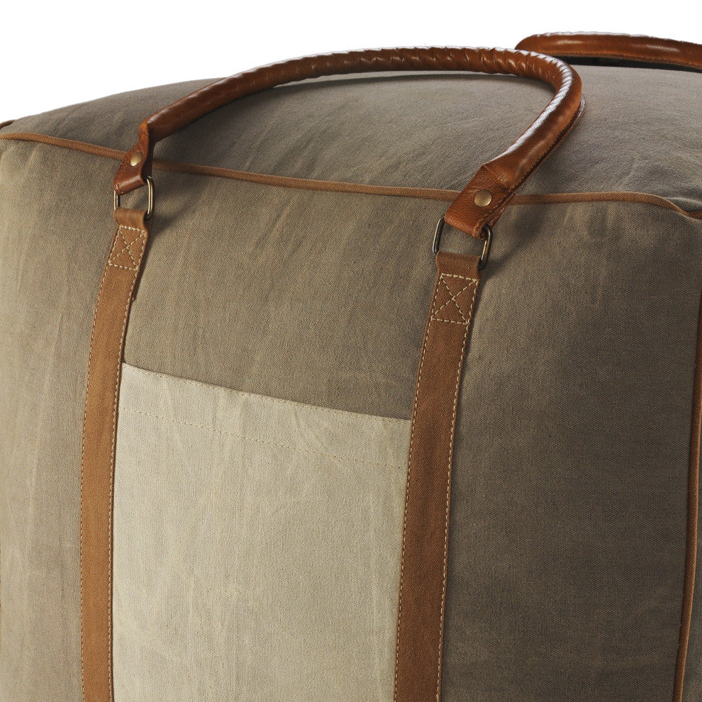 Modern Farmhouse Pouf with Leather Handles