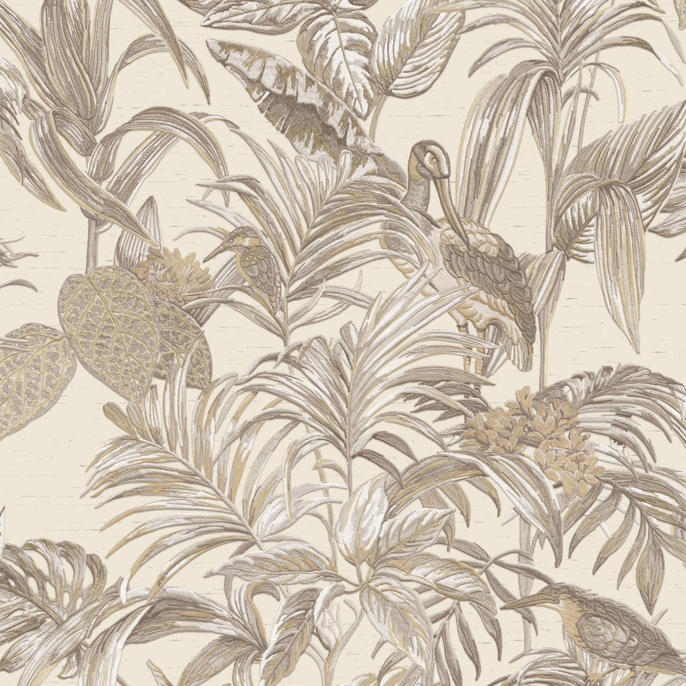 Textured Wallpaper, Birds Plants, Beige Brown Champagne Cream, 1 Roll