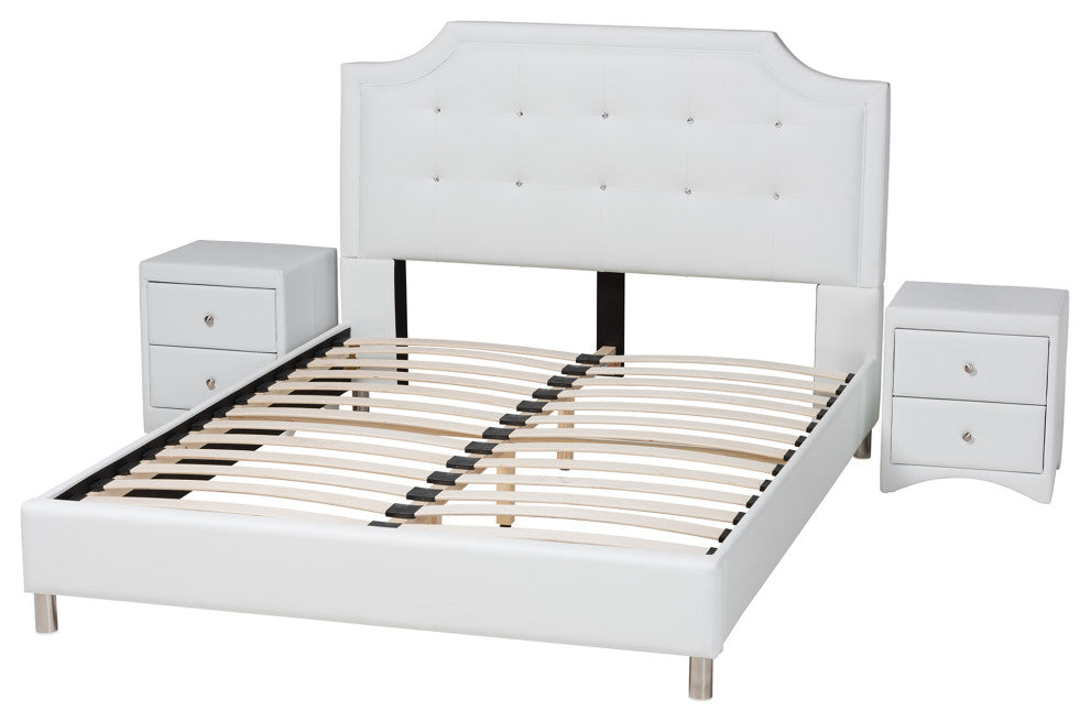 Carlotta Glam White Faux Leather Upholstered King Size 3-Piece Bedroom Set