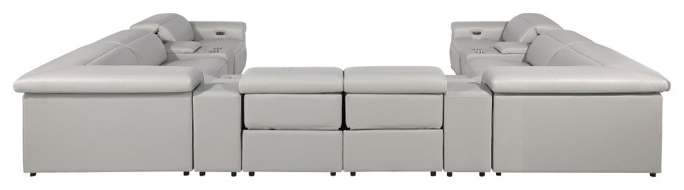 GIOVANNI 12-Piece, 4-Power Reclining Italian Leather Sectional, Light Gray