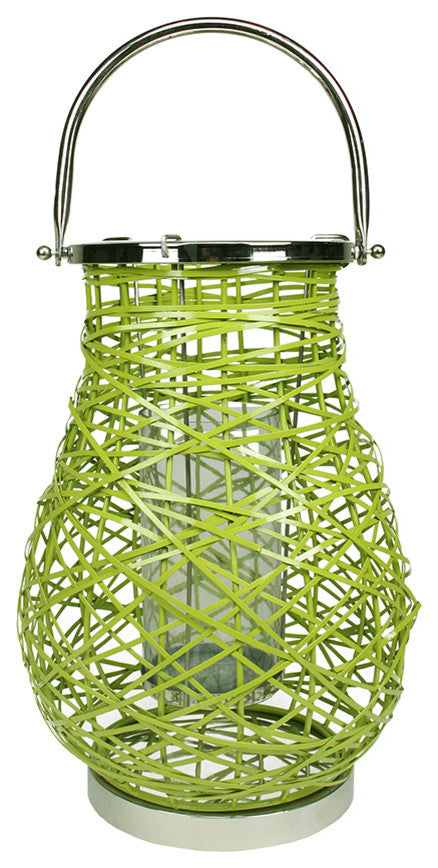 16.25" Modern Green Woven Iron Pillar Candle Lantern with Glass Hurricane