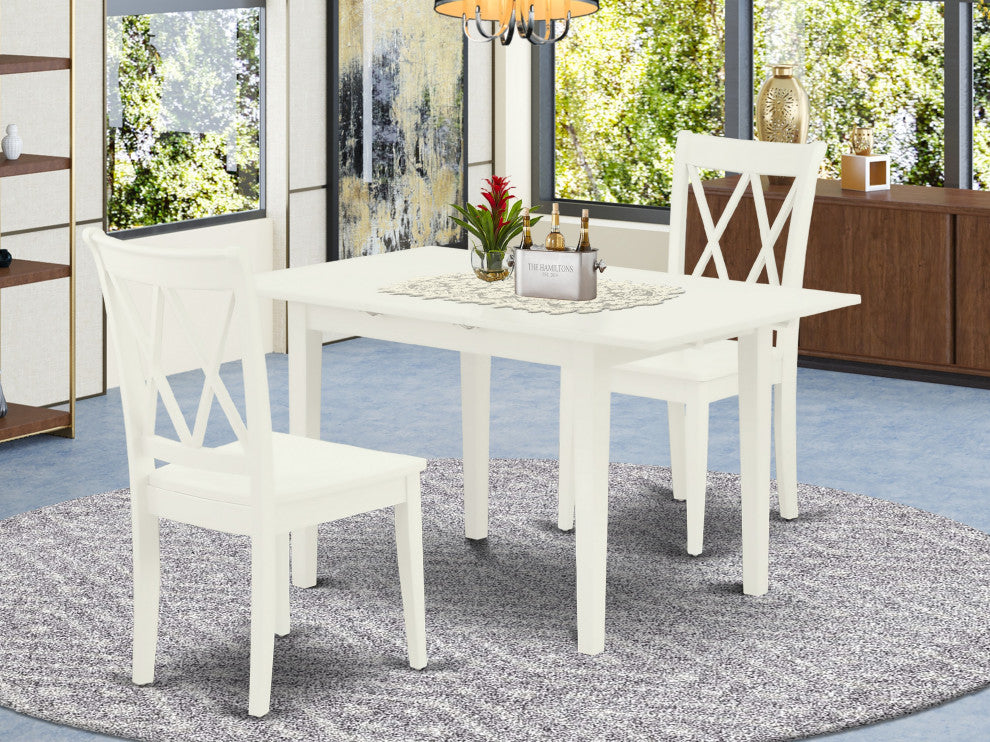 3Pc Dining Table Set 2 Dining Chairs, Butterfly Leaf Kitchen Table, Linen White