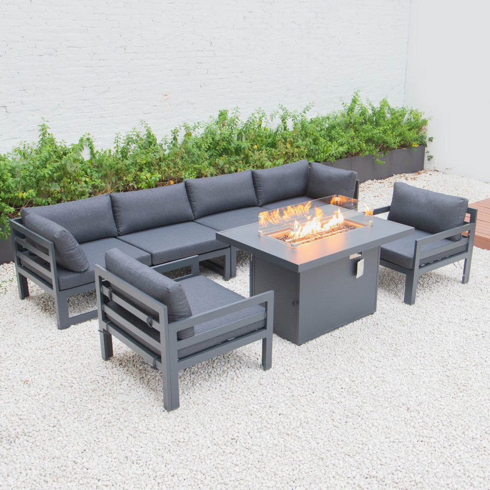LeisureMod Chelsea 7-Piece Outdoor Sectional With Fire Pit Table, Black