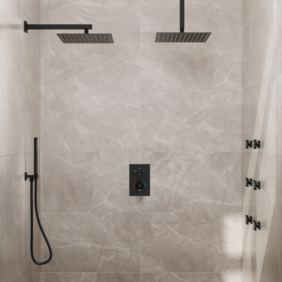 Thermostatic Shower System 12" Dual Shower Heads with Body Jet, Matte Black