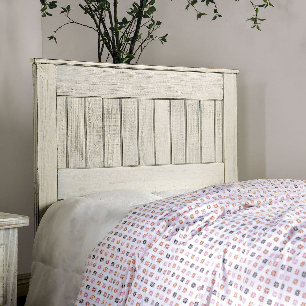 Wooden Full Headboard with Distressed Design, White