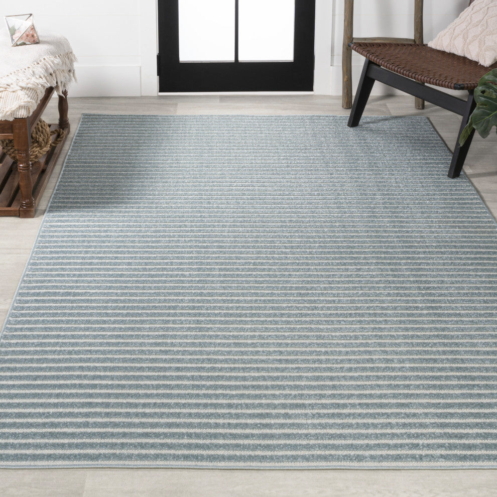 Aarhus High-Low Scandi Striped Blue/Ivory 8 ft x 10 ft Indoor/Outdoor Area Rug
