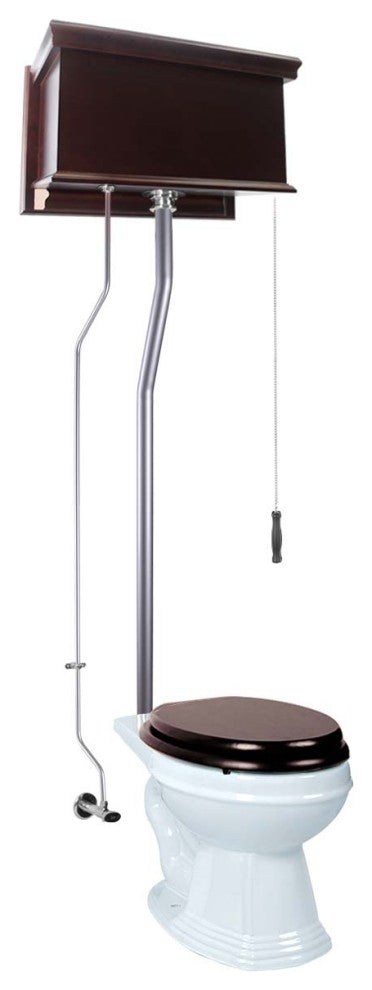Dark Oak High Tank Pull Chain Toilet with Elongated Bowl and Satin L-Pipe