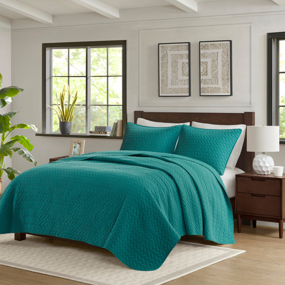 Hampton Hill Velvet Touch Herringbone Oversize 3-Piece Coverlet, Teal, Queen