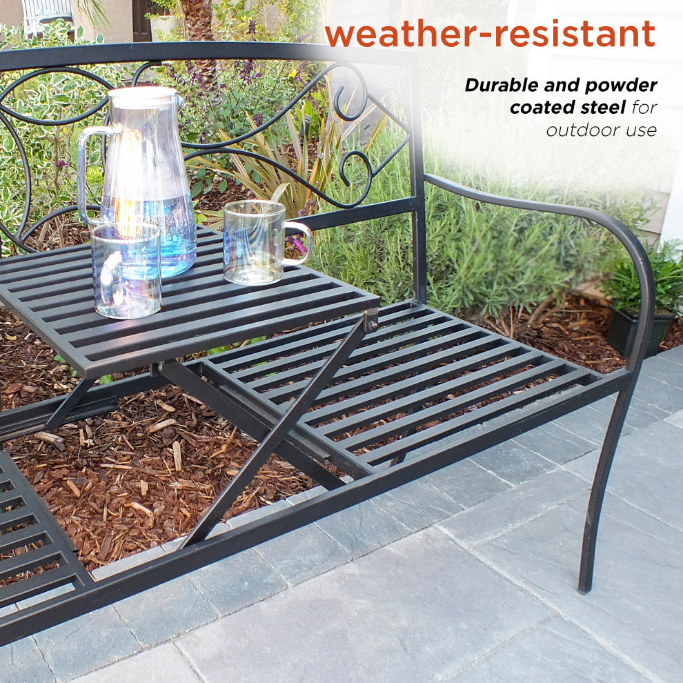 Metal Garden Bench with Retractable Table