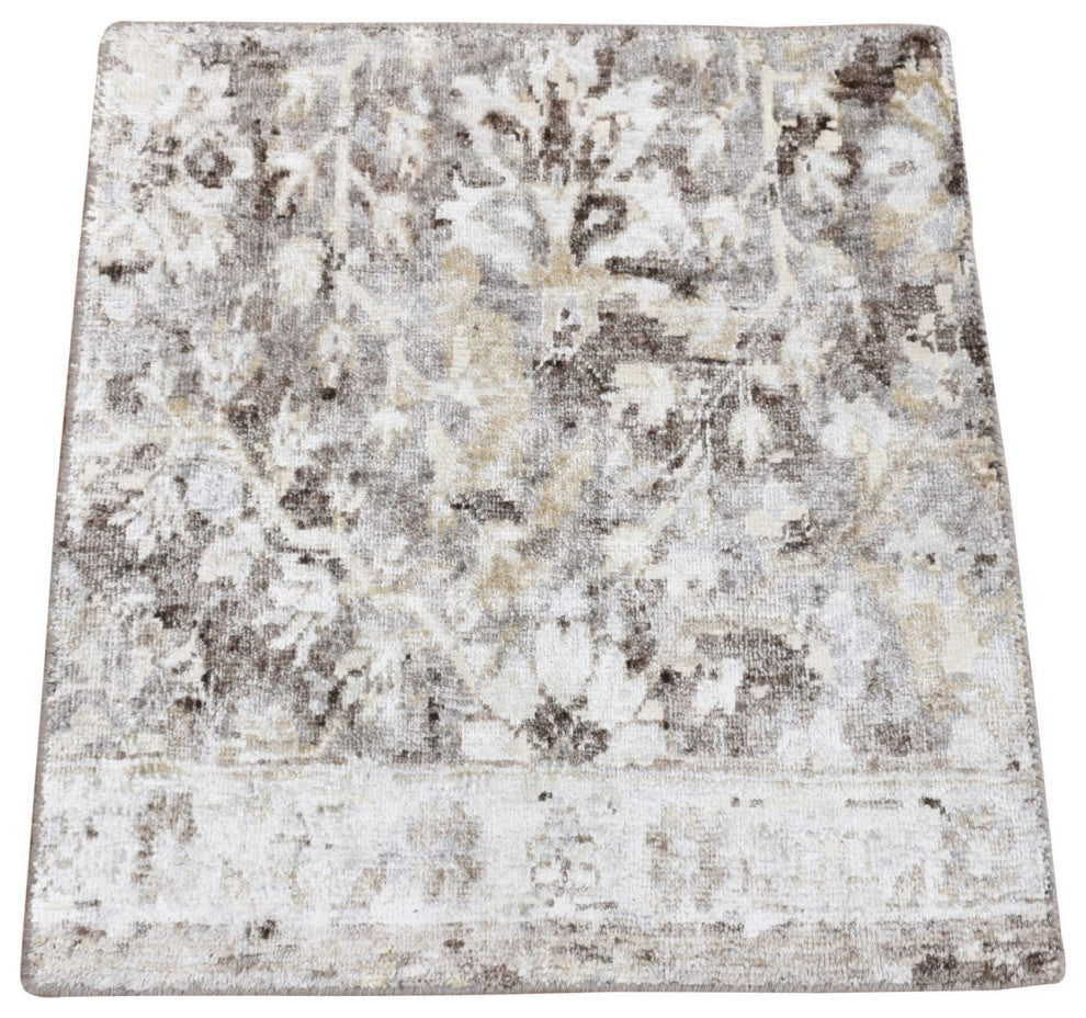 Light Gray Silk and Wool Modern Design Hand Knotted Mat Square Rug, 2'0"x2'0"