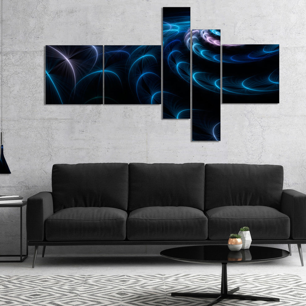 Blue Fractal Flower in Dark, Blue, Floral Artwork Canvas Art, 60"x32", 5 panels