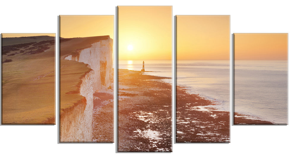 Sunrise over South Coast of England, Seashore Canvas Wall Art, 60"x32", 5 Panels