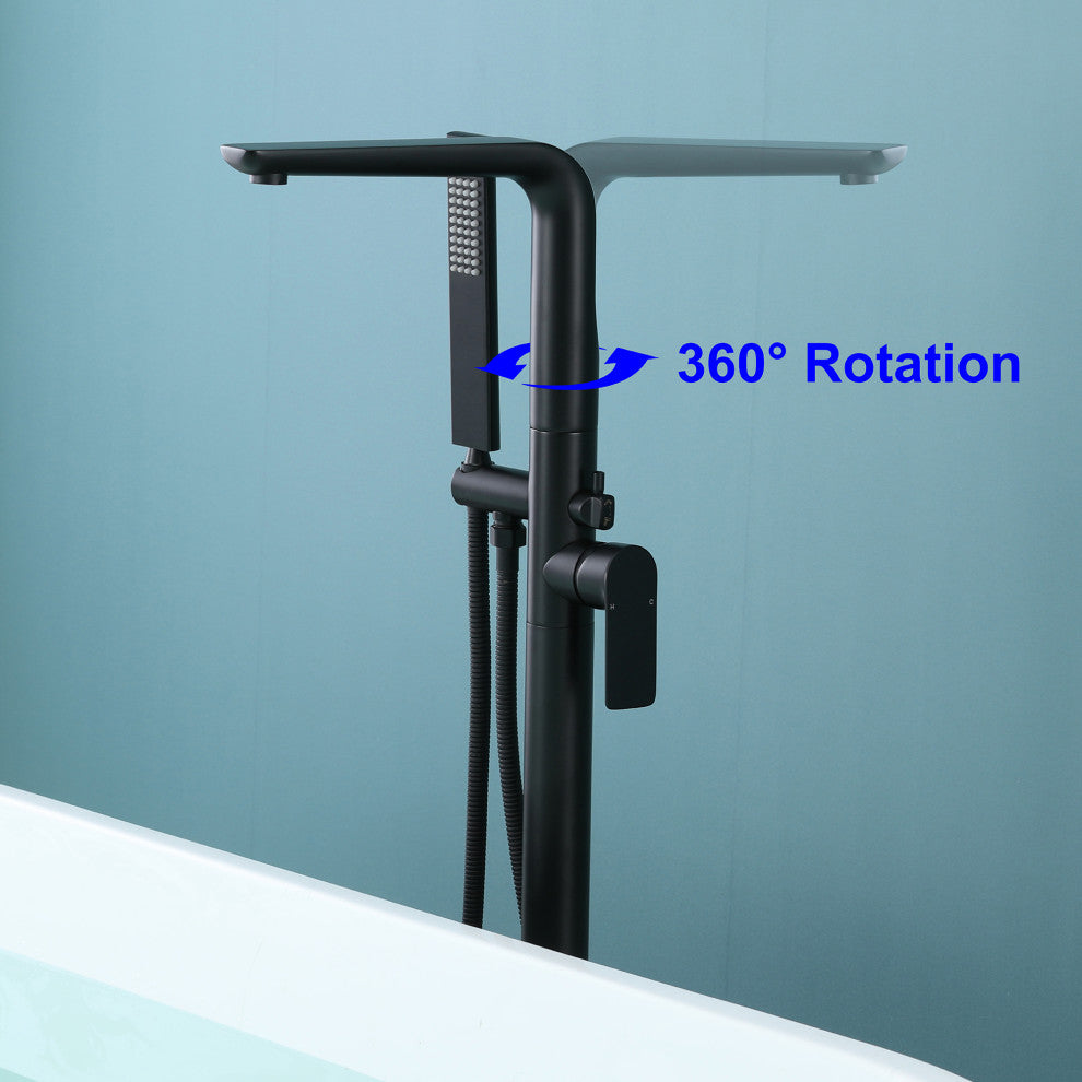 Wellfor Freestanding Faucet, Swivel Spout and Handheld Shower, 2 Handles, Matte Black