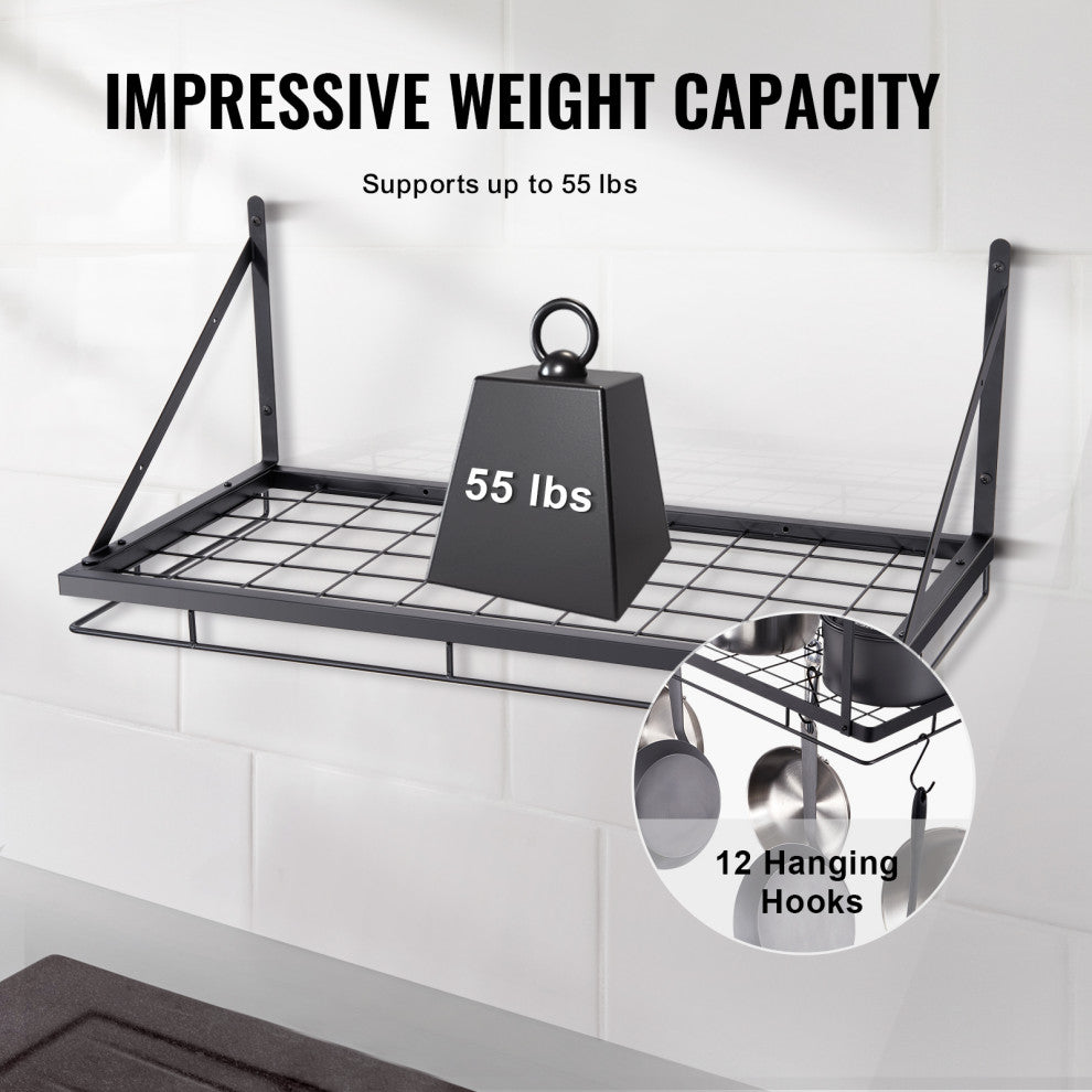 VEVOR Pot Rack Wall Mounted 24in Pot and Pan Hanging Rack With 12 S Hooks 55 lbs