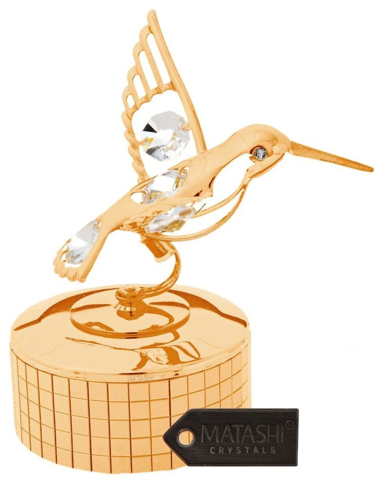 24K Gold Plated Music Box With Crystal Studded Hummingbird Figurine