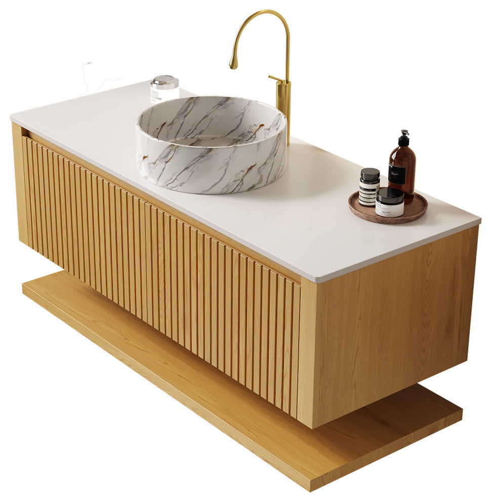 Wall-Mounted Plywood Bathroom Vanity With Sink, With Round Vessel