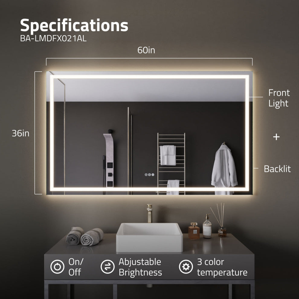 ANZZI 36" x 60" Frameless LED Front/Back Light Bathroom Mirror WithDefogger