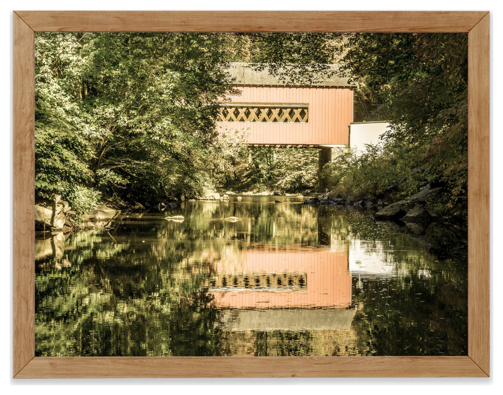 The Reflections of Wooddale Covered Bridge Aged Framed Photo Wall Art Print, Red Oak, 11" X 14"