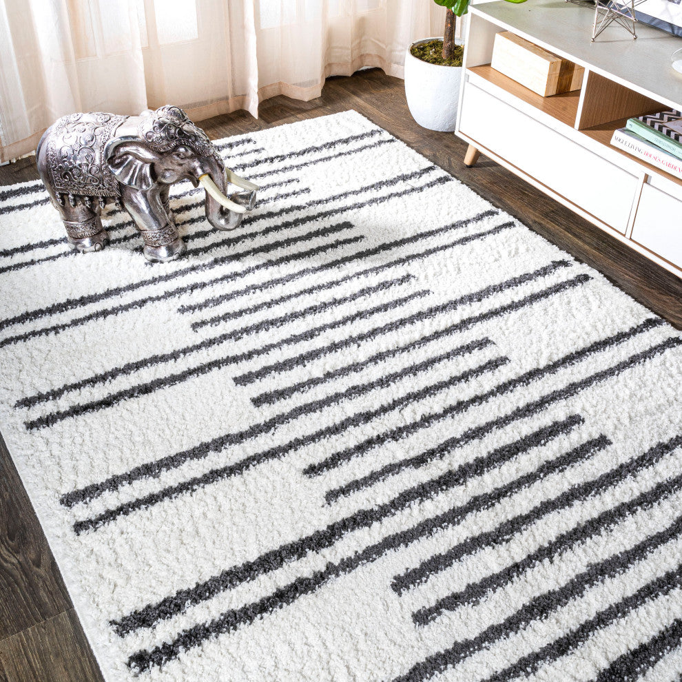 Petra Stripe Geometric Shag, White/Black, 3x5