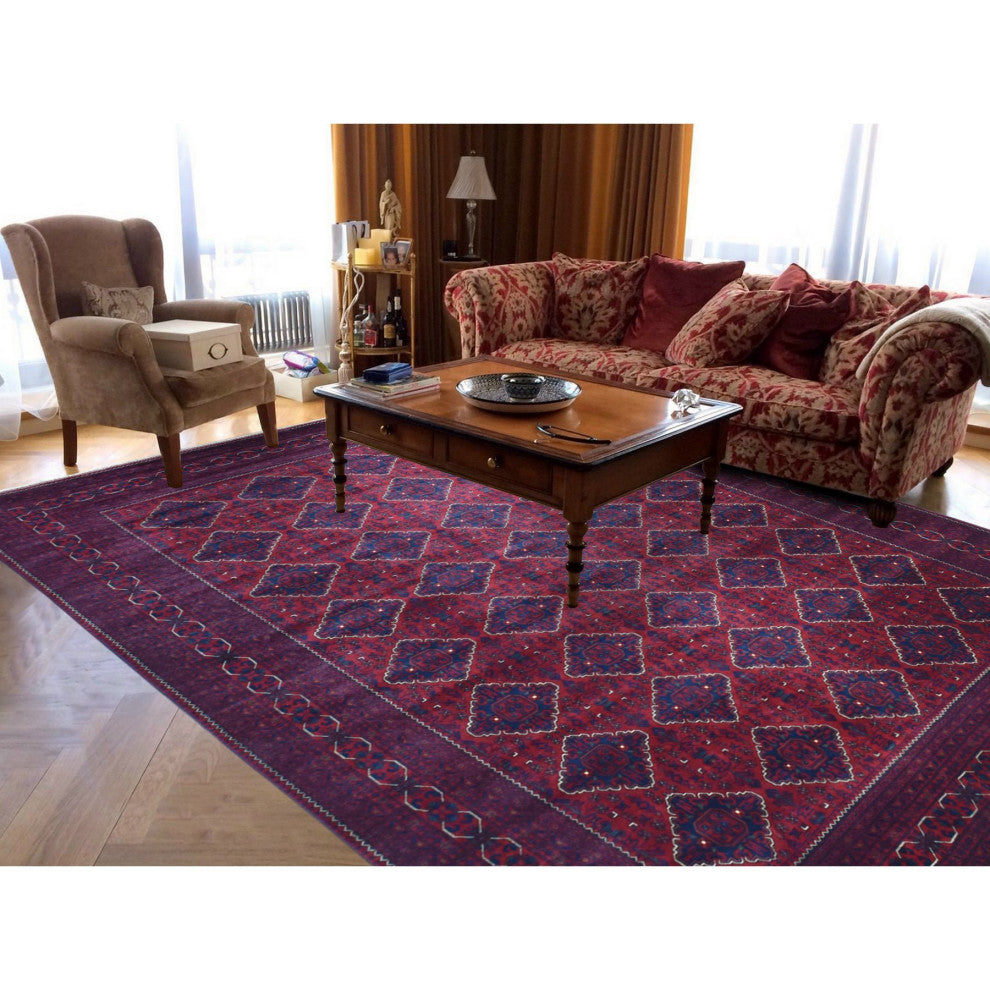 Red Hand Knotted Tribal Design Shiny Wool Afghan Khamyab Oriental Rug, 9'8"x13'