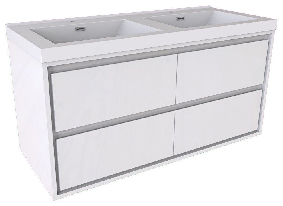 MOM 48" Wall Mounted Vanity With 4 Drawers and Acrylic Double Sink, Glossy White