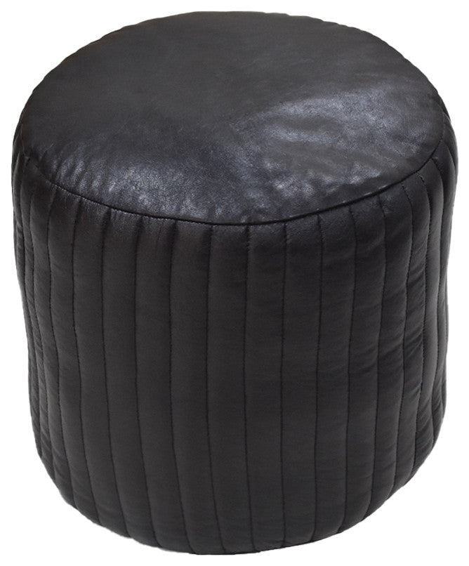 Poufs-Solid Handmade Goat Leather Pouf, Recycled Cotton Fill, Black, Round, 16x16x16