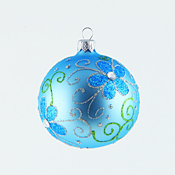 Powder Blue Ball Ornament With Blue Daisies, Large