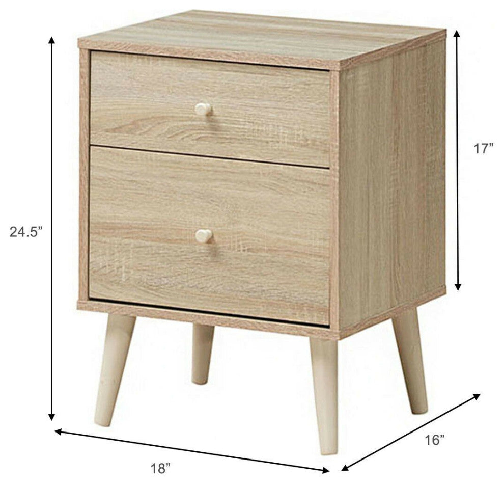 Set of 2 Nightstand, Rubberwood Tapered Legs & Unique Drawer Knobs, Oak Finish