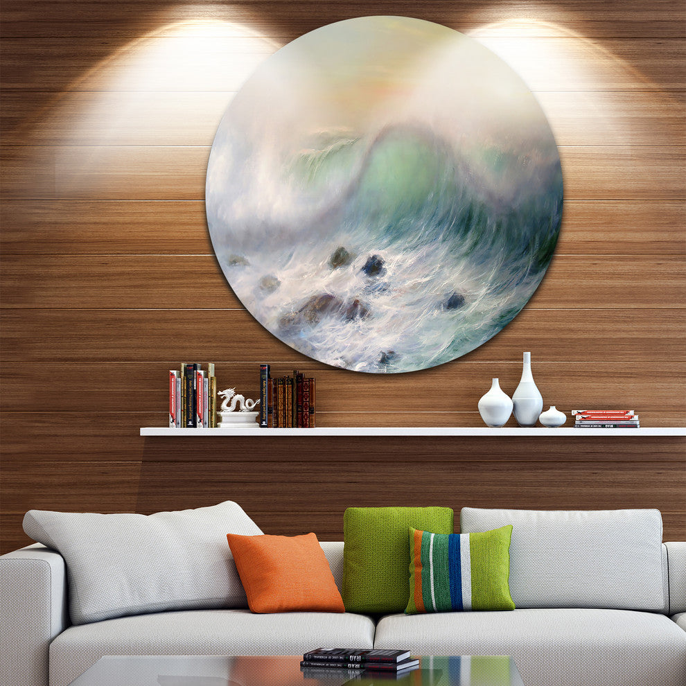 Mountains Of Waves, Seascape Painting Round Metal Wall Art, 38"