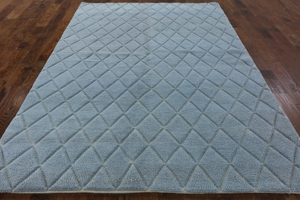 Brocade Design Cambridge Blue 6'x9' Moroccan Hand Knotted Wool Area Rug H8610