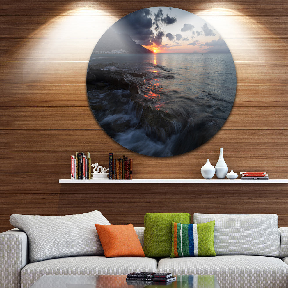 Dark Mediterranean Beach Dawn, Modern Seashore Disc Metal Wall Art, 23"