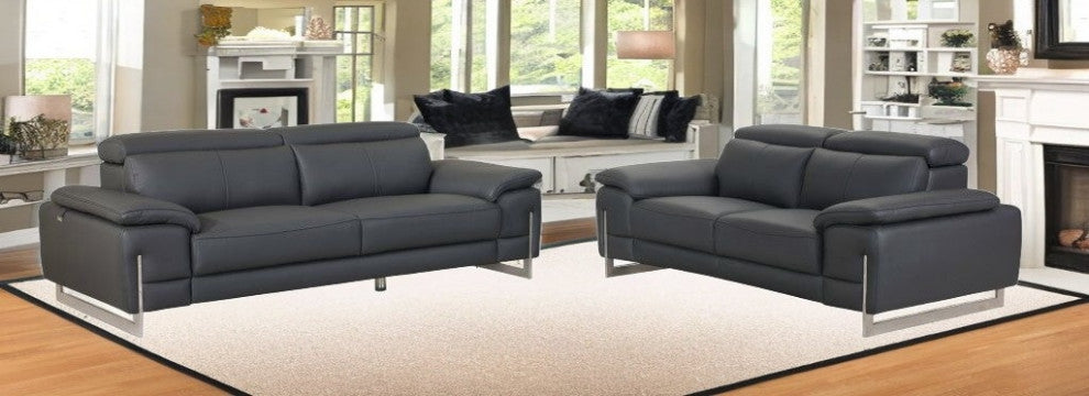 2-Piece Indoor Dark Gray Italian Leather Five Person Seating Set