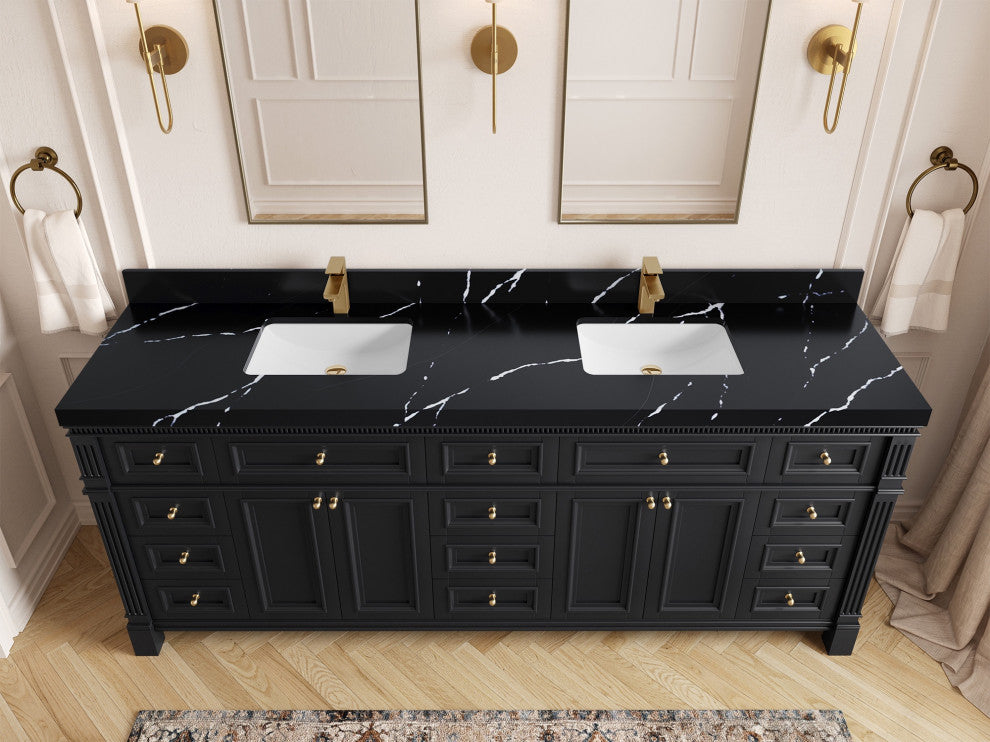 Paris 84" Double Sink Bathroom Vanity, Black 2" Calacatta Black