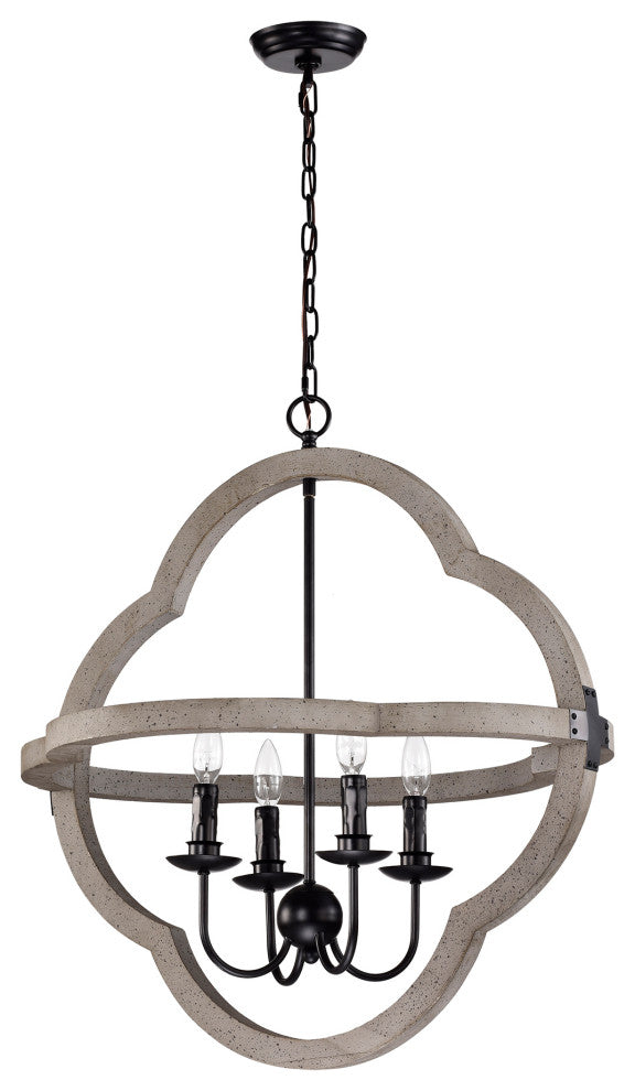 4-Light Slate Wood and Black Finish Geometric Cage Chandelier