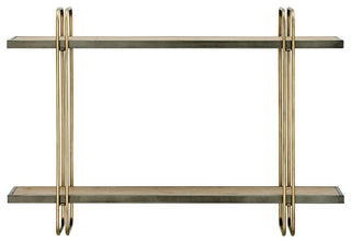 Danya B. Two-Tier Warm Gold and Washed Oak Brown Hanging Wall Mounted Shelf