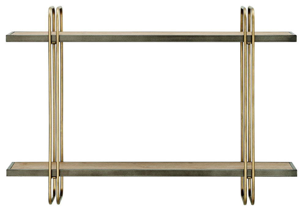Danya B. Two-Tier Warm Gold and Washed Oak Brown Hanging Wall Mounted Shelf