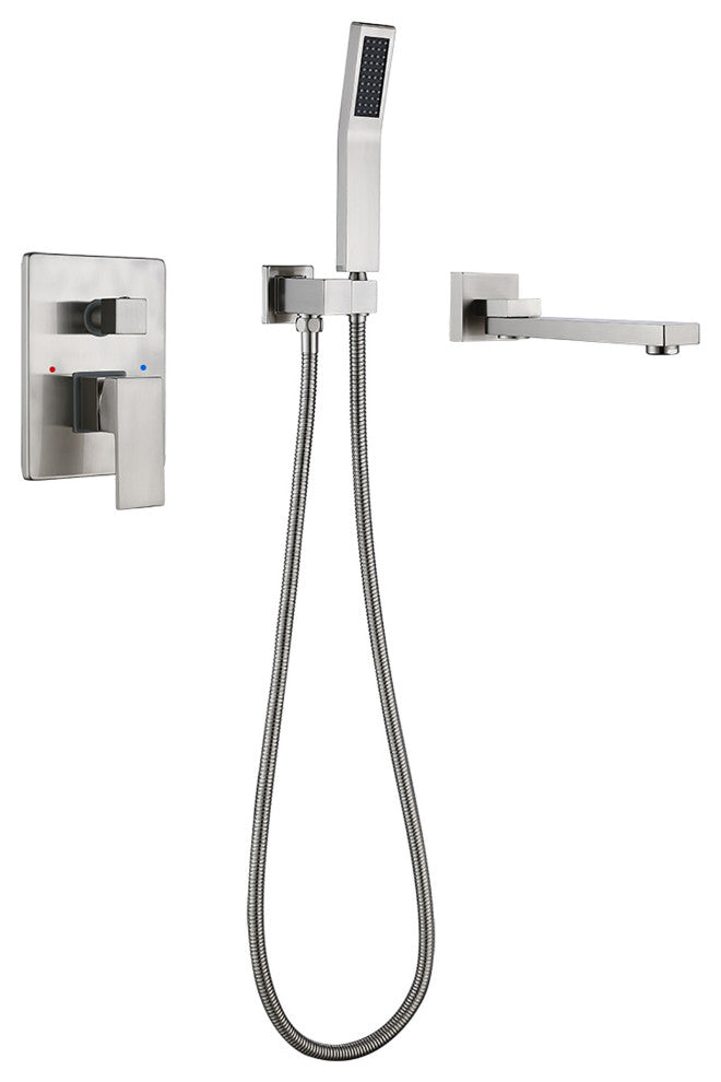 Wall Mounted Double Handle Roman Tub Faucet with Hand Shower, Brushed Nickel