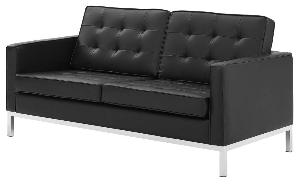 Tufted Armchair and Loveseat Sofa Set, Faux Leather, Silver Black, Modern