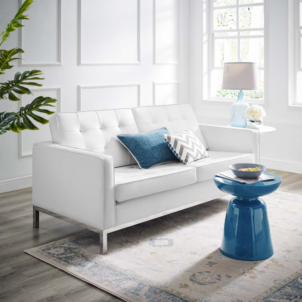 Loft Tufted Upholstered Faux Leather Loveseat Silver White