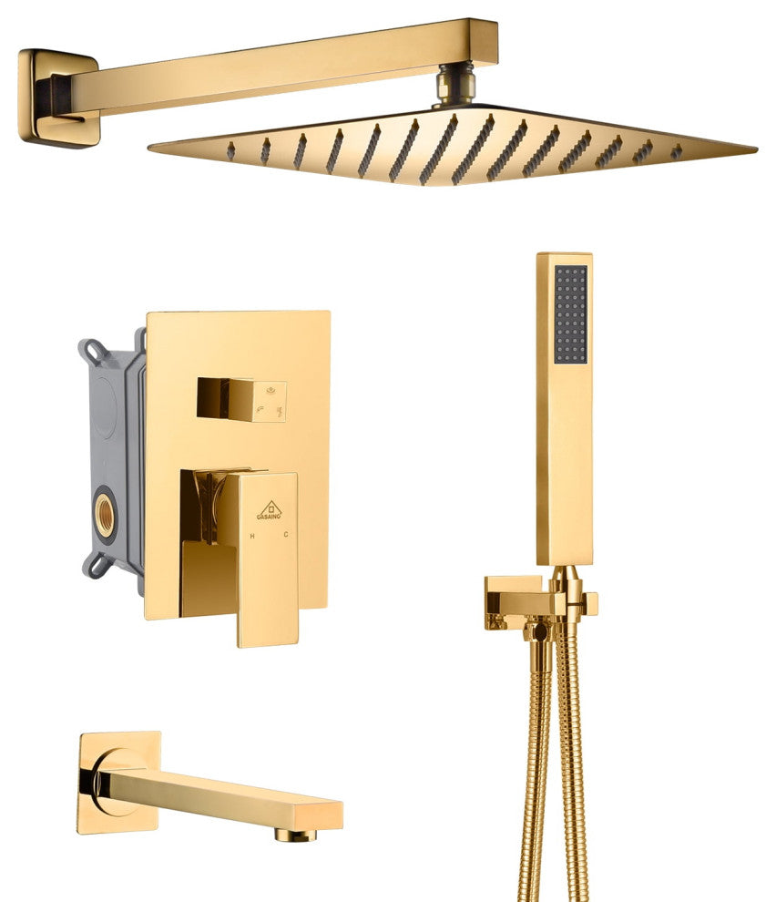 CASAINC 10" Wall Mounted Luxury Dual Rainfall Shower System Kit w Bathtub Spout, Gold