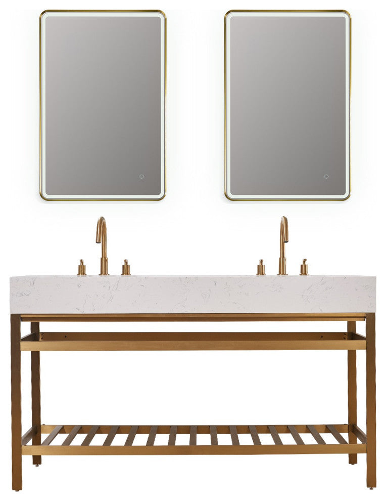 Merano Stainless Steel Vanity Console With Aosta White Stone Countertop, Brushed Gold, 60", With Mirror