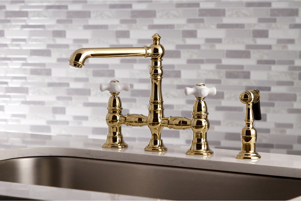 Kingston Brass Bridge Kitchen Faucet With Sprayer, Polished Brass