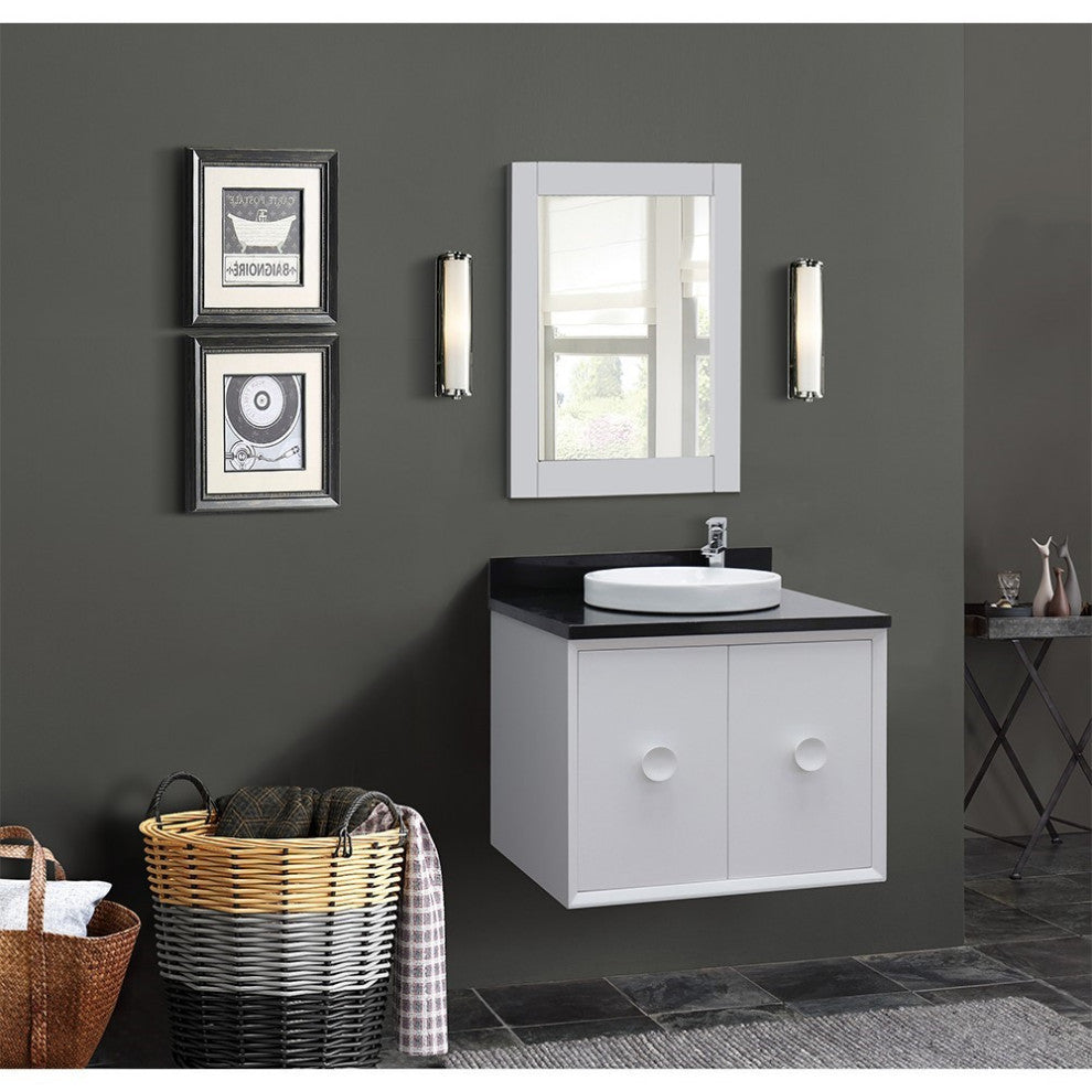 31" Single Wall Mount Vanity, White Finish With Black Galaxy Top