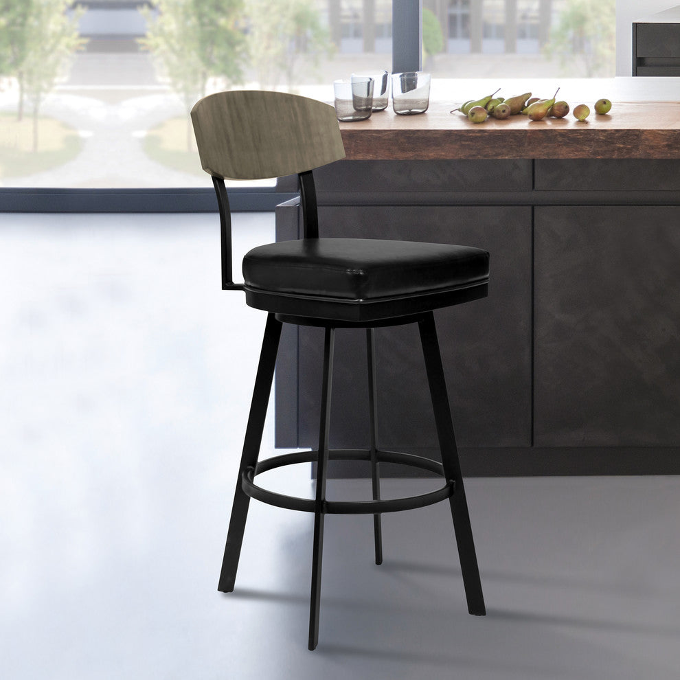 Frisco 30" Barstool, Matte Black Finish With Black Faux Leather & Gray Walnut