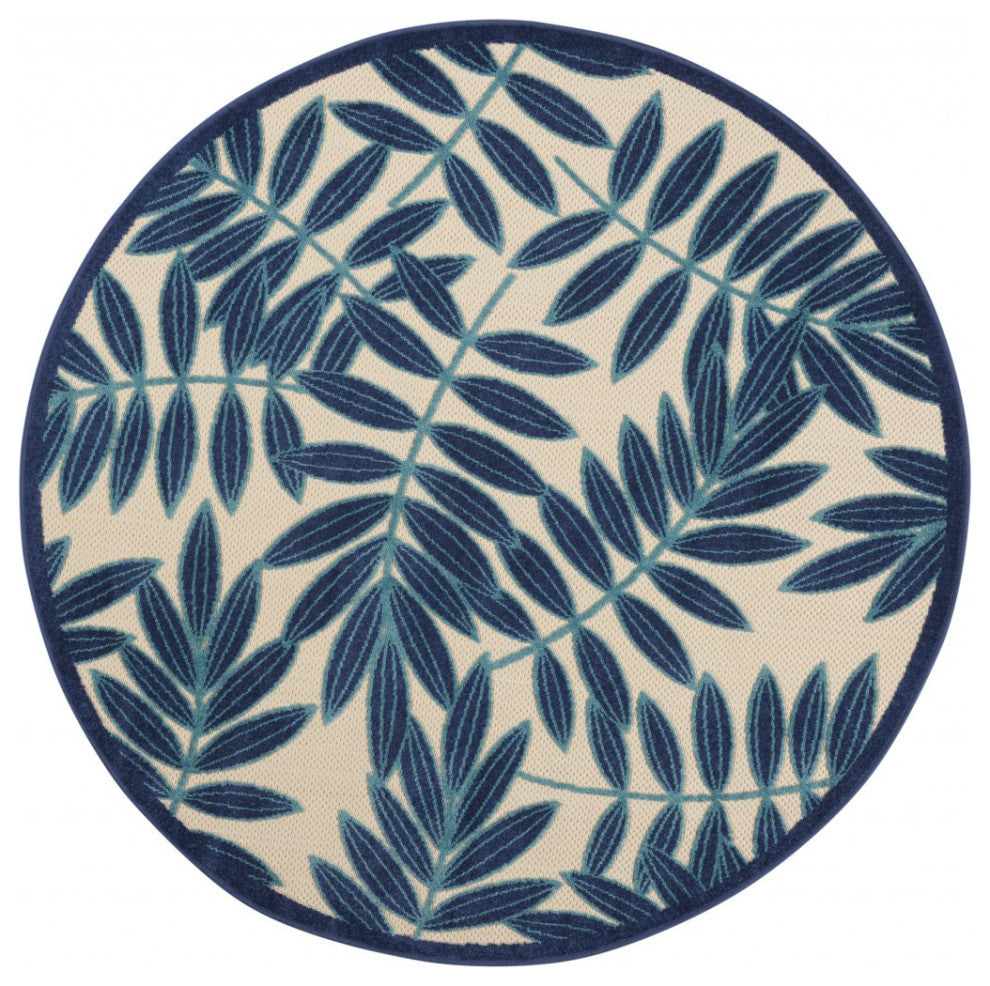 5' X 5' Navy Round Floral Indoor Outdoor Area Rug