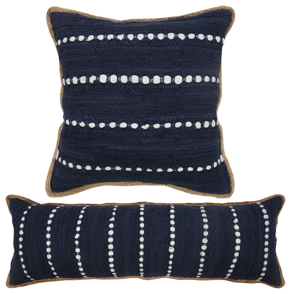 Ox Bay Handwoven Blue/White Bordered Cotton Blend Pillow Cover, 14"x36"